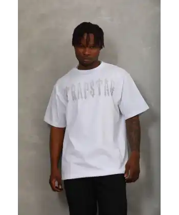 Unisex Oversize Taşlı Bisiklet Yaka T-Shirt - Beyaz