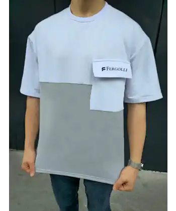 Unisex Torba Cep Detaylı  Parçalı T-Shirt - Gri