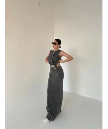 Uzun Etekli Önü Düğmeli Badi İkili Takım- Antrasit