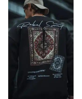 Uzun Kol Bisiklet Yaka Baskılı SweatShirt - Siyah