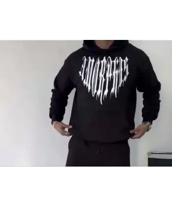 Uzun Kol Kapüşonlu Baskılı SweatShirt - Siyah