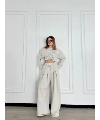 Uzun Kollu Önü İp Büzgülü Crop ve Pantolon İkili Takım - Gri