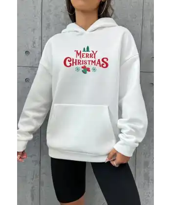 Yılbaşı Merry Christmas Baskılı Oversize Kapüşonlu Sweatshirt Hoodie - Beyaz