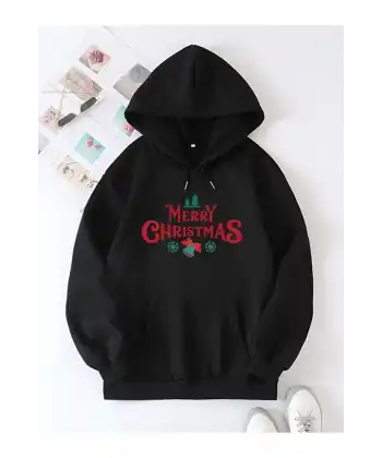 Yılbaşı Merry Christmas Baskılı Oversize Kapüşonlu Sweatshirt Hoodie - Siyah