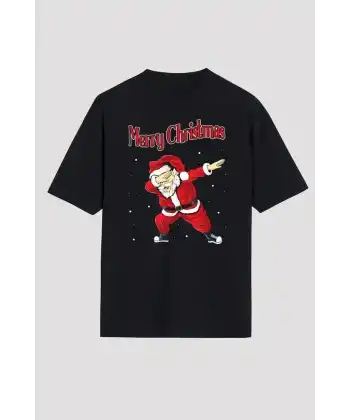 Yılbaşı Merry Christmas Noel Baba Baskılı Oversize Bisiklet Yaka T-shirt - Siyah