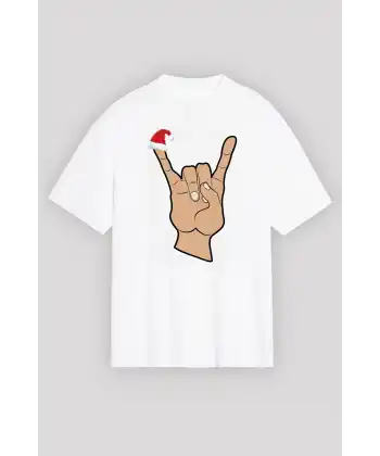Yılbaşı Noel Başlıklı Serçe Parmak Baskılı Oversize Bisiklet Yaka T-shirt - Beyaz