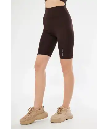 Yüksek Bel Biker Sporcu Şort - Kahve