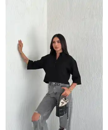 Z Krep Kadın Crop Yakalı Gömlek İlik Düğmeli Üç Çeyrek Sleeve Kol - Siyah