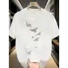 20/1 Penye Compack Özgür kuşlar Baskılı Oversize Bisiklet Yaka T-shirt - Beyaz