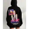 Baskılı Üç İplik Kapüşonlu Oversize Sweatshirt - Siyah