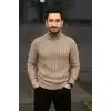 Erkek Balıkcı Yaka Bağazlı Triko Kazak Pamuklu Kalın Fitilli Dokuma, Regular Fit Uzun Kollu Kışlık Model - Bej