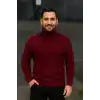 Erkek Balıkcı Yaka Bağazlı Triko Kazak Pamuklu Kalın Fitilli Dokuma, Regular Fit Uzun Kollu Kışlık Model - Bordo