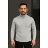 Erkek Balıkcı Yaka Bağazlı Triko Kazak Pamuklu Kalın Fitilli Dokuma, Regular Fit Uzun Kollu Kışlık Model - Gri