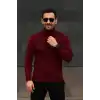 Erkek Balıkcı Yaka Bağazlı Triko Kazak Pamuklu Kalın Fitilli Dokuma, Regular Fit Uzun Kollu Kışlık Model - Bordo