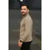 Erkek Balıkcı Yaka Bağazlı Triko Kazak Pamuklu Kalın Fitilli Dokuma, Regular Fit Uzun Kollu Kışlık Model - Bej
