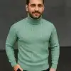 Erkek Balıkcı Yaka Bağazlı Triko Kazak Pamuklu Kalın Fitilli Dokuma, Regular Fit Uzun Kollu Kışlık Model - Mint Yeşili