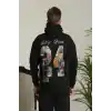 Erkek Baskılı Oversize Üç İplik Kapüşonlu Sweatshirt - Siyah