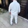 Erkek Çift Şeritli Eşofman Takım Dik Yaka Fermuarlı Sweatshirt Boru Paça Alt, Oversize 3 iplik Pamuklu - Beyaz