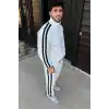 Erkek Çift Şeritli Eşofman Takım Dik Yaka Fermuarlı Sweatshirt Boru Paça Alt, Oversize 3 iplik Pamuklu - Beyaz