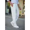 Erkek Cizgili Dokuma Krep Jogger Buggy Pantalon Rahat kalıp - Beyaz