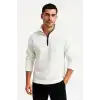 Erkek Dik Yaka Sweatshirt Dik Yaka Yarım Fermuarlı 3 İplik Şardonlu Pamuk Kumaş - Beyaz