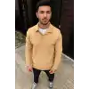 Erkek Fitilli Polar Sweatshirt – Düğmesiz Polo Yaka, Oversize Rahat Kalıp, Kalın Polar Kumaş, Kışlık ve Baharlık Şık Günlük Üst - Bej