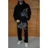 Erkek Kapüşonlu Eşofman Takım Graffiti Baskılı Oversize Rahat Kalıp, Kanguru Cepli, Streetwear Tarzında Premium Ürün 3 iplik Pamuklu - Siyah