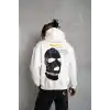 Erkek Kordonlu Maske Baskılı Kapüşonlu Sweat - Beyaz