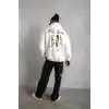 Erkek Oversize Üç İplik Şardonlu Kapüşonlu Sweatshirt – Beyaz “Other Lives” Ön ve Arka Baskılı, Kanguru Cepli, Ribanalı Rahat Kışlık Model Beyaz