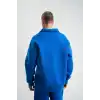 Erkek Patlı Yaka Üç İplik Pamuklu Sweatshirt Double Oversize Rahat Kalıp Günlük Kullanım - Mavi
