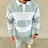 Erkek Polo Yaka Uzun Kollu Çizgili Sweatshirt Trend Rugby Stil - Çağla Yeşili