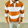 Erkek Polo Yaka Uzun Kollu Çizgili Sweatshirt Trend Rugby Stil - Turuncu