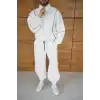 Erkek Premium Parçalı Eşofman Takım - Dik Yaka Fermuarlı Biyeli Sweatshirt Lastik Paça Alt, Oversize 3 iplik Şardonlu - Beyaz