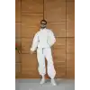 Erkek Premium Parçalı Eşofman Takım - Dik Yaka Fermuarlı Biyeli Sweatshirt Lastik Paça Alt, Oversize 3 iplik Şardonlu - Beyaz