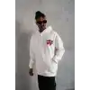 Erkek Şapkalı Güvercin Baskılı Kapşonlu Sweat - Beyaz