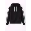Erkek Şeritli Kapüşonlu Sweatshirt Oversize 3 iplik Pamuklu - Siyah