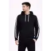 Erkek Şeritli Kapüşonlu Sweatshirt Oversize 3 iplik Pamuklu - Siyah
