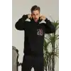 Erkek Sırt Baskılı Oversize Üç İplik Kapüşonlu Sweatshirt - Siyah
