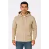Erkek Üç İplik Kapüşonlu Tam Fermuarlı Kanguru Çepli SweatShirt Hoodie - Bej