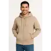 Erkek Üç İplik Kapüşonlu Tam Fermuarlı Kanguru Çepli SweatShirt Hoodie - Bej
