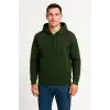 Erkek Üç İplik Kapüşonlu Tam Fermuarlı Kanguru Cepli Sweatshirt Hoodie - Haki