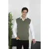 Erkek V Yaka Kolsuz Süveter Triko Kazak yumuşak dokulu Pamuklu ince Dokuma Rahat Regular kalıp - Haki