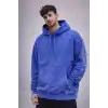 Erkek Yağ Yıkamalı Kapşonlu Double Oversize Üç İplik Pamuklu Sweatshirt - Mavi
