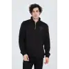 Erkek Yarım Fermuarlı Baskılı Sweat - Siyah