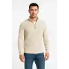Erkek Yarım Fermuarlı Triko Kazak – Selanik Örgü, Dik Yaka, Pamuklu Dokuma, Regular Fit Uzun Kollu Kışlık Model - Bej