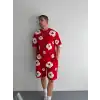İki İplik Kumaş Baskılı T-shirt Şortlu Takım- Kırmızı