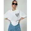 Kadın Bisiklet Yaka Baskılı Oversize T-Shirt - Beyaz