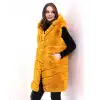 Kadın Kapşonlu Peluş Kürk Yelek Premium Kalite, Tam Astarlı, Uzun Model - Sarı
