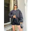 Kadın Oversize Bomber Ceket – Siyah, Fermuarlı, Sokak Modası Tarzı Mont - Siyah