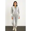 Kadın Premium Parçalı Eşofman Takım - Dik Yaka Fermuarlı Sweatshirt - Gri